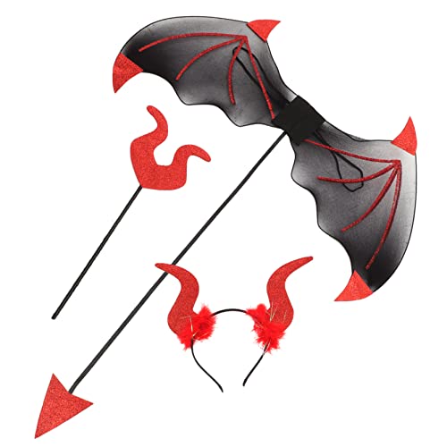 minkissy Halloween Teufel Kostümset Teilig mit Hörner Stirnband Roten Flügeln und Stab Komfortable Materialien Geeignet für Kostümpartys Cosplay und Halloween Feiern von minkissy