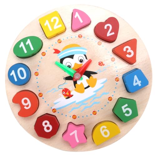 minkissy Holz Lernuhr Bunte Formen Sortieruhr Pädagogisch Stabil Robust Pädagogisches für Jungen und Mädchen mit Pinguinmotiv zum Lernen und Farben Erkennen von minkissy