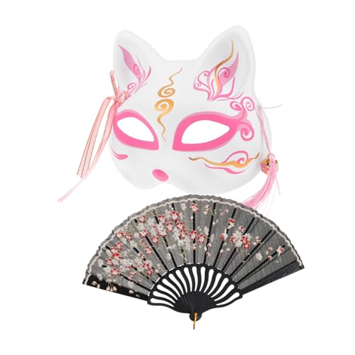 minkissy Japanische Fuchsmaske mit Faltbarem Handfächer Cosplay Zubehör für Halloween Maskenball und Kostümpartys Handbemalt und Hautfreundlich von minkissy