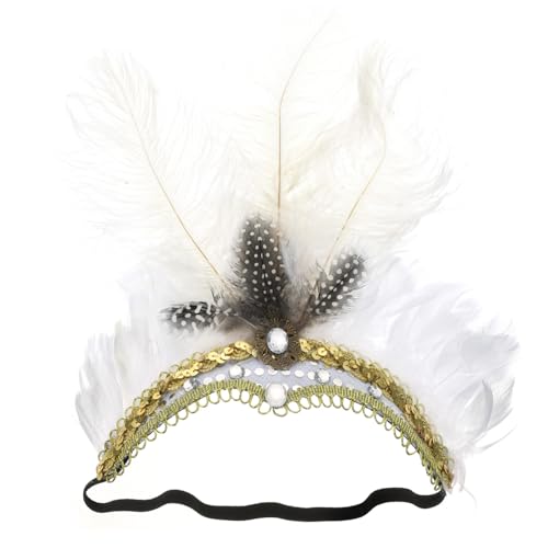 minkissy Karneval Federstirnband Damen Faszinator Kopfstück Elegant Weiß Federkopfschmuck Party Haarschmuck Festival Stirnband für Halloween und Tanzveranstaltungen von minkissy