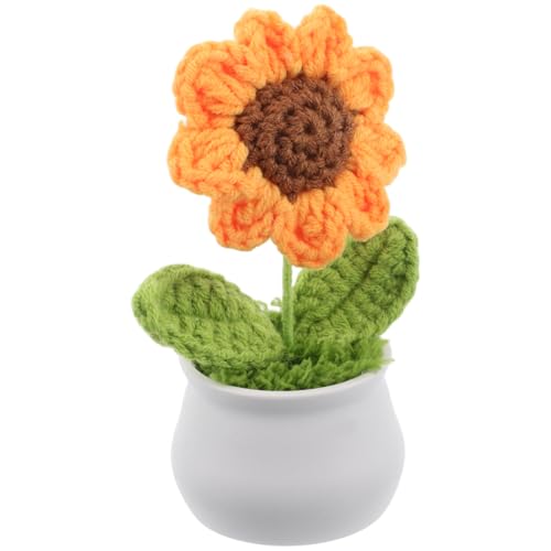 minkissy Kunstblume Sonnenblume im Topf aus Strickgarn Kleine Handgefertigte Dekoration für Schreibtisch Auto oder Wohnzimmer Pflegeleicht und Langlebig für Verschiedene Einrichtungsstile von minkissy