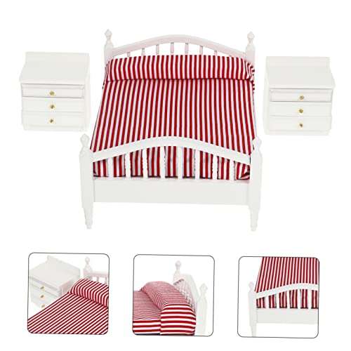 minkissy Maßstab Doppelt Bett Modell mit Weißen Nachttischen Handgefertigte Kleine Haus Zubehör für Schlafzimmer Szenen Robust und Detailreich von minkissy