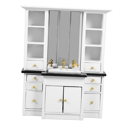 minkissy Miniatur Badezimmer Waschbecken Schrank Weiß Mini Holzschrank für Puppenhaus Kompakter Küchenspüle Schrank Micro Szene Dekoration Geeignet als Badezimmermöbel und Regal Zubehör von minkissy