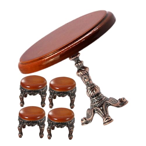 minkissy Miniatur Puppenhaus Möbel Runder Vintage Holztisch mit Kleinen Hockern Stabiles Mini Beistelltisch Modell Dekoratives Zubehör für Puppenhaus Wohnzimmer und Garten Teilig von minkissy