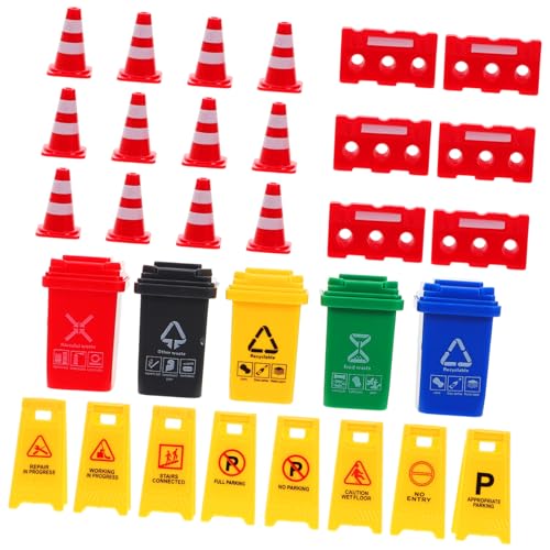 minkissy Miniatur Verkehrsbarrieren Lernspielzeug mit Verkehrszeichen Mini Mülltonnen Rote Leitkegel und Absperrungen für Verkehrsregel Simulation und Rollenspiel von minkissy