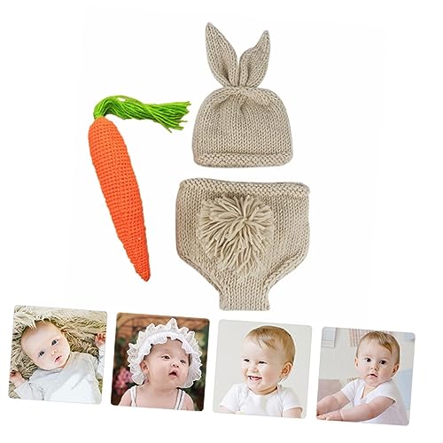 minkissy Neugeborenen Fotografie Kostüm Teilig Häkel Kaninchen Outfit mit Mütze Karotte und Hose Weiche Foto Requisiten für Geburtstag und Familienshooting von minkissy