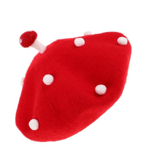 minkissy Rotes Mushroom Baskenmütze aus Weicher Wolle Französischer Künstlerstil Warme Strickmütze mit Einzigartigem Pilzdesign Vielseitiger Beanie Hut für Mädchen Modisches von minkissy