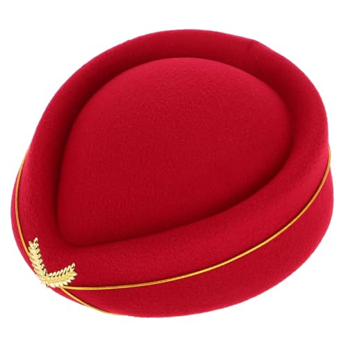 minkissy Stewardessenhut Cosplay Flugbegleiterhut Filz Stewardessenkappe Halloween Air Hostess Hut Filz Flugbegleiterhut Elegante Filzbaske Flugbegleiterin Kostüm Imitation Rot von minkissy