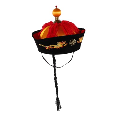 minkissy Traditioneller Chinesischer Kaiserhut mit Zöpfen und Pferdeschwanz Dekorativer Cosplay Hut für Qing Stil Kostüm Hut für Party Bühne und Kulturelle Veranstaltungen von minkissy