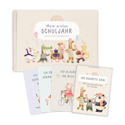 mintkind Einschulungsbundle Kinder ab 5 – Affirmationskarten DIN A7 & Schuljahrbuch Beige DIN A5 – Erinnerungsbuch Mein erstes Schuljahr – Achtsamkeit & Mut zur Einschulung von mintkind