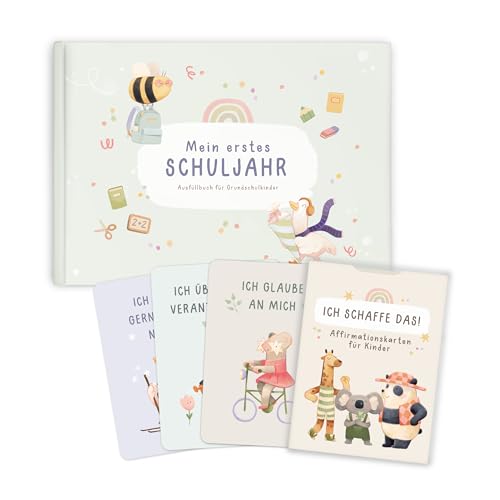 mintkind Einschulungsbundle Kinder ab 5 – Affirmationskarten DIN A7 & Schuljahrbuch Salbei DIN A5 – Erinnerungsbuch Mein erstes Schuljahr – Achtsamkeit & Mut zur Einschulung von mintkind