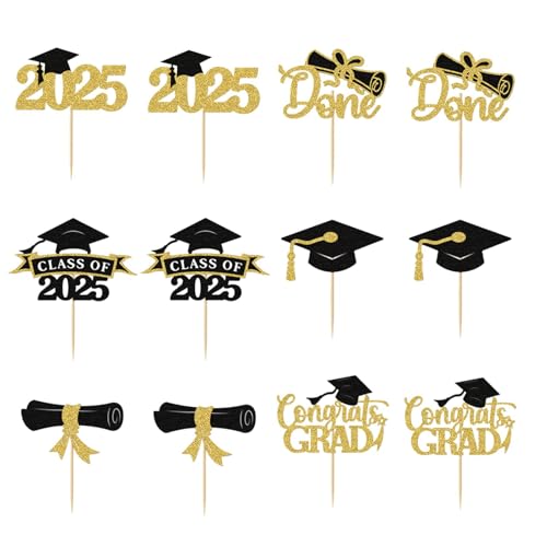 Cupcake-Topper zum Schulabschluss 2025, Glitzer-Design, Congrats Award, Tortenaufsatz, Zubehör für Abschlussdekorationen, Gold, 12 Stück von misppro