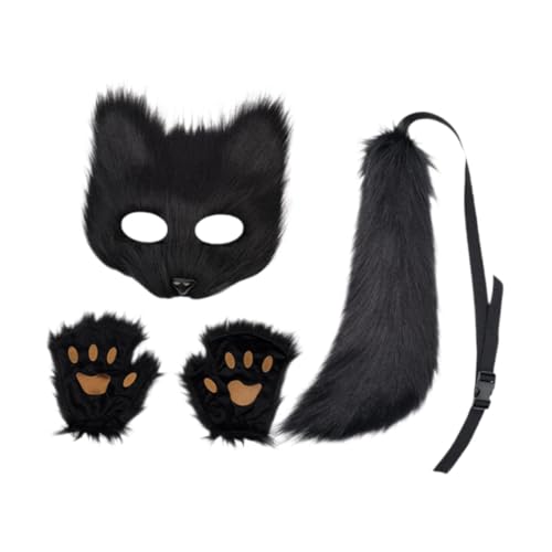 Tiermaske und Schwanz Set mit Handschuhen für Halloween Cosplay Karneval Party Schwarz, Mehrfarbig, Einheitsgröße von misppro