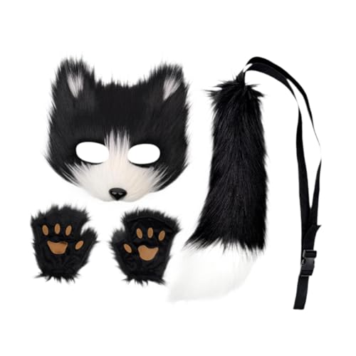 Tiermaske und Schwanz Set mit Handschuhen für Halloween Cosplay Karneval Party Schwarz Weiß, Mehrfarbig, Einheitsgröße Tiermaske und Schwanz Set mit Handschuhen für Halloween Cosplay Karneval Party Schwarz Weiß, Mehrfarbig, Einheitsgröße von misppro