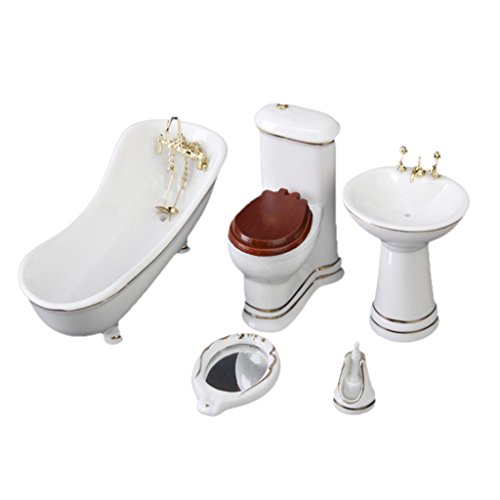 misppro Luxus Puppenhaus Miniatur Porzellan Badezimmer Badewanne WC Waschbecken Bürstenständer 5 Stück von misppro