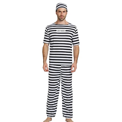 mivceklw Gefangenes Herren-Kostüm, Gefängnisuniform mit schwarzen und weißen Streifen, Kostüm mit Hemd und Hose, atmungsaktiver Stoff, entworfen für Halloween, Weihnachten, Party, Cosplay, Renaissance von mivceklw