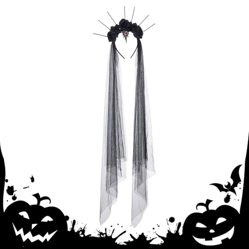 mivceklw Halloween Kopfschmuck | Schwarz Rose Krone Mit Schleier | Tag der Blumen Kopfschmuck Halloween Kostümzubehör für Cosplay Karneval Maskenbälle und Party von mivceklw
