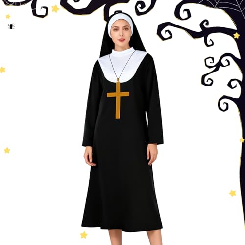 mivceklw Nonnenkostüm,Kreuzanhänger Halskette mit Kopfschmück Kostüm | Party Nonnen Kopfschmuck Set - für Damen Erwachsene Cosplay Halloween Themenparty Rollenspiel Bühnenauftritt von mivceklw