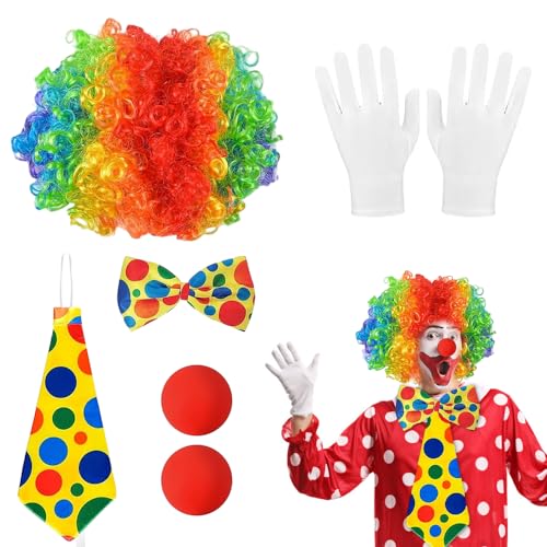 mizikuu 5 Stück Clown Kostüm Set, Clown Accessoire Faschingskostüme Kostümzubehör Regenbogen Lockenperücke Krawatte Nase Handschuhe Erwachsene Kinder für Clown Partys Karneval Kostüm Zubehör mizikuu 5 Stück Clown Kostüm Set, Clown Accessoire Faschingskostüme Kostümzubehör Regenbogen Lockenperücke Krawatte Nase Handschuhe Erwachsene Kinder für Clown Partys Karneval Kostüm Zubehör von mizikuu