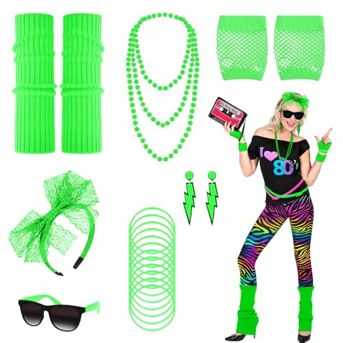 mizikuu 80er Jahre Outfit Damen, 90er Neon Kostüm Kleidung Bunte Retro Mädchen Set mit Spitzenstoff Stirnband Ohrringe Brille Netzhandschuhe Halsketten Beinwärmer Armbänder für Karneval Party, Grün mizikuu 80er Jahre Outfit Damen, 90er Neon Kostüm Kleidung Bunte Retro Mädchen Set mit Spitzenstoff Stirnband Ohrringe Brille Netzhandschuhe Halsketten Beinwärmer Armbänder für Karneval Party, Grün von mizikuu