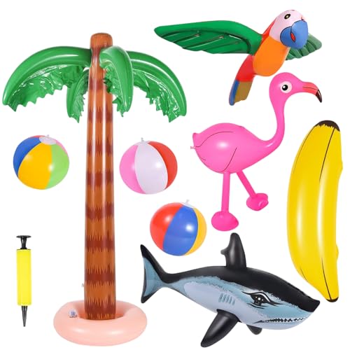 mizikuu 9 Stück Aufblasbare Palmen Spielzeug Set, Aufblasbar Flamingos Papagei Banane Strand Bälle Delphin Spielzeug mit Luftpumpe für Hawaii Party Dekor Strand Hintergrund Sommer Schwimmbad mizikuu 9 Stück Aufblasbare Palmen Spielzeug Set, Aufblasbar Flamingos Papagei Banane Strand Bälle Delphin Spielzeug mit Luftpumpe für Hawaii Party Dekor Strand Hintergrund Sommer Schwimmbad von mizikuu