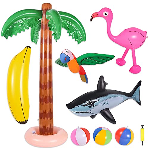 mizikuu Aufblasbares Palmen Kokosnussbaum Set, 9 Stück Aufblasbare Palmen Baum Strand Spielzeug Flamingo Baum Hai Bananen Strand Bälle für Sommer Schwimmbad Hawaii Deko Themenparty von mizikuu