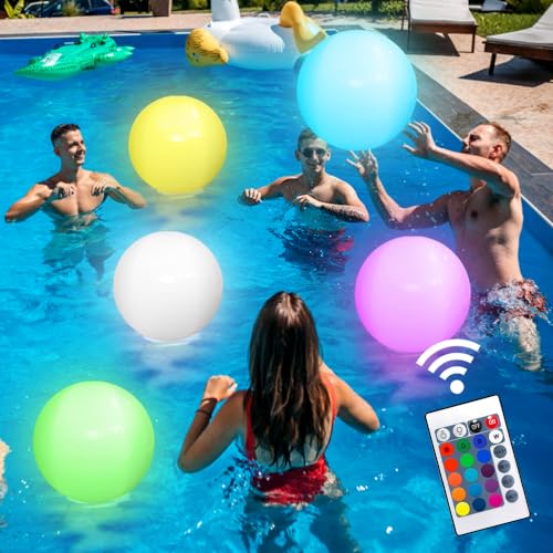 mizikuu LED-Wasserball, 2 Stück Wasserdicht Leuchtende Aufblasbare Wasserball mit Fernbedienung, Poolspielzeug, Beachball in Regenbogenfarben, Große Schwimmende Poolbälle, 16 Leuchtfarben von mizikuu