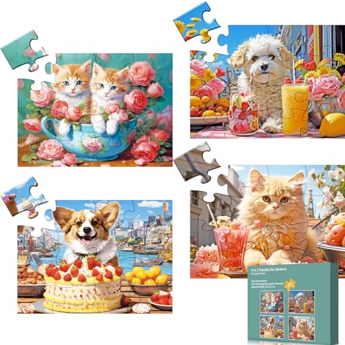 mjyphdm 4 Pack 16 große Teile Puzzle für Senioren, Alzheimer kognitive Puzzles für ältere Menschen, für Demenz, einfache Spaß-Puzzles, Memory-Spiel mit 4 Aufbewahrungstaschen von mjyphdm