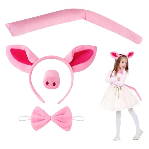 Schwein Kostüm Set einschließlich Ohren Nase Fliege und Schwanz Rosa Tier Schwein Schweineohr Stirnband Schwein Kostüm Kit Zubehör für Mottoparty Karneval Fliege Halloween Cosplay Party Dekoration von mkemka