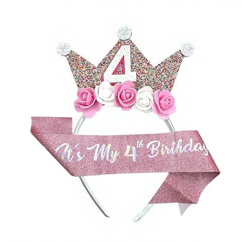 mkemka 4 Jahr Geburtstagskrone Krone Mädchen 4 Jahre Geburtstag Krone Stirnband mit Rose Blumen 4 Jahr Geburtstag Mädchen mit Rose Blumen von mkemka
