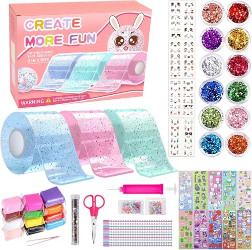 Nano Tape Bubbles Set für Kinder, 62 Stücke DIY Nano Tape Bubble Set, Enthält Klebeband, Knete, Glitzer, Aufkleber, Luftpumpe, Partygeschenke für Mädchen, Jungen, Kinder und Erwachsene von mobumeia