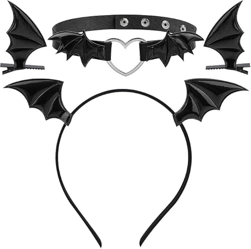 mobumeia Halloween Kostüme Fledermaus Haarschmuck mit Fledermaus Haarspangen, Damen Fledermaus Halsband, Fledermaus Stirnband, Halloween Kostüme Fledermaus Kopfschmuck Zubehör von mobumeia