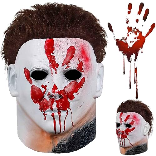 molezu Michael Myers Maske mit Rot Handabdrücken im Gesicht Horror Realistische Kopf Maske Halloween Maske Film Requisiten Latex Angst Maske Requisiten von molezu