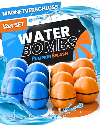 PumpkinSplash 12 Stück Wasserbomben wiederverwendbar in 2 Team-Farben [in 1 Sekunde befüllbar] - premium Silikon für RIESEN Wasserspaß - Wasserbomben selbstschließend - Gartenspielzeug für Kinder von molinoRC