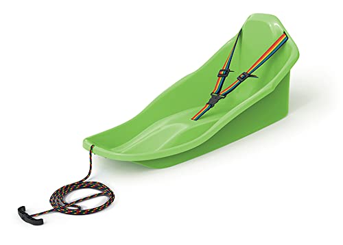 Grüner MOLTI TOPO Kinderschlitten mit Rückenlehne, Sicherheitsgurt und Zugseil