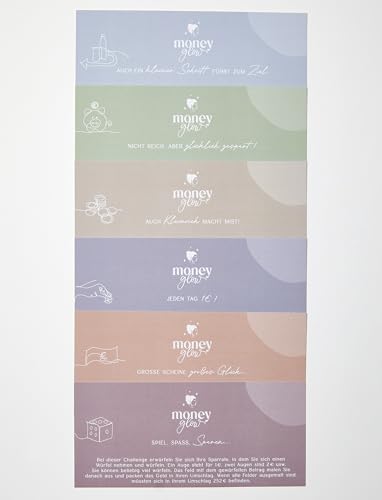 moneyglow® Sparchallenges 6 Karten I Set Nr. 1 I Geld sparen I Budgetierung I 1€ I 52 Wochen I 10€ I Kleingeld I Pfand I Würfelspiel von moneyglow