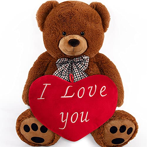 MONZANA® Teddybär Herzkissen 50cm Braun Weich Dichtes Fell Schleife Tatzen Ich Liebe Dich Geschenk Valentinstag Plüschbär Kuscheltier Bärchen Bär von Monzana