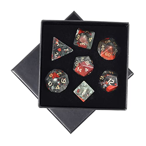 mookaitedecor 7 Stück Drachenblut Stein Edelstein Polyedrische Würfel Set, Polierte Heilstein DND Würfel für Dungeons und Dragons RPG MTG Tischspiele Rollenspiel Heim Dekoration von mookaitedecor