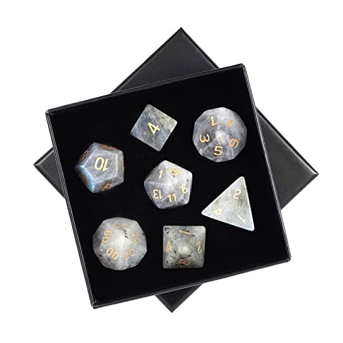 mookaitedecor 7 Stück Labradorit Edelstein Polyedrische Würfel Set, Polierte Heilstein DND Würfel für Dungeons und Dragons RPG MTG Tischspiele Rollenspiel Heim Dekoration von mookaitedecor