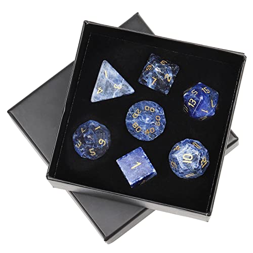 mookaitedecor 7 Stück Sodalith Edelstein Polyedrische Würfel Set, Polierte Heilstein DND Würfel für Dungeons und Dragons RPG MTG Tischspiele Rollenspiel Heim Dekoration von mookaitedecor