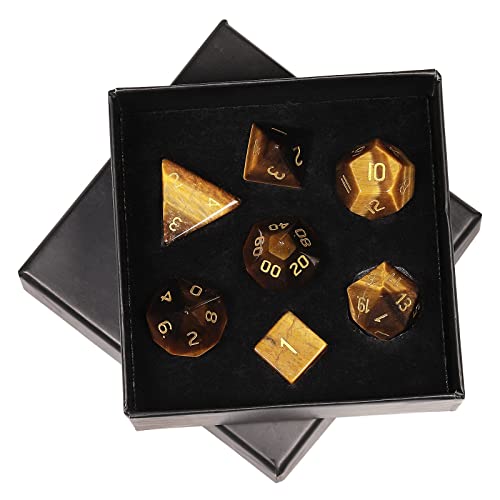 mookaitedecor 7 Stück Tigerauge Edelstein Polyedrische Würfel Set, Polierte Heilstein DND Würfel für Dungeons und Dragons RPG MTG Tischspiele Rollenspiel Heim Dekoration von mookaitedecor