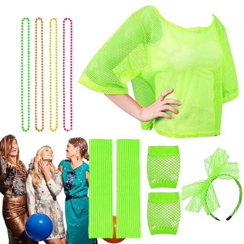 moonyan 80er-Jahre-Accessoires für Mädchen, 80er-Jahre-Kostüme für Mädchen - Netzkostüme der 1980er Jahre | Kostümzubehör, Retro-Damen-Party-Kostüm-Set, Neon-Fischnetz-Handschuhe für Erwac ene, von moonyan