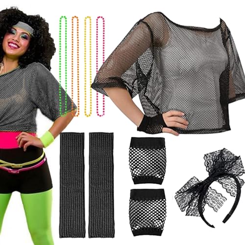 moonyan 80er-Jahre-Outfit für Mädchen, 80er-Jahre-Kostümzubehör-Set,Netzkostüme der 1980er Jahre - Kostümzubehör, Retro-Damen-Party-Kostüm-Set, Neon-Fischnetz-Handschuhe für Erwachsene, Halskette für von moonyan
