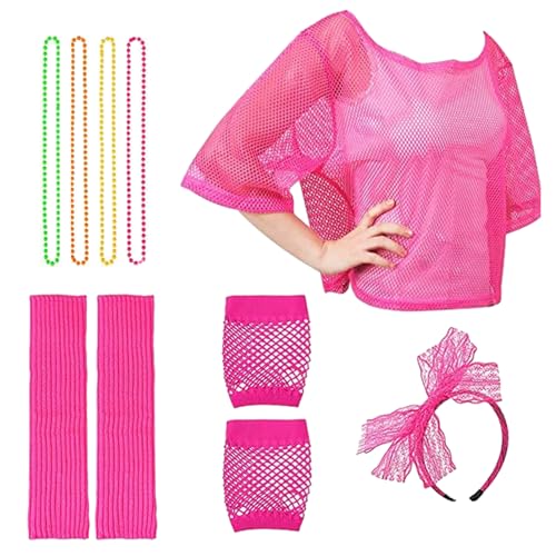 moonyan 80er-Jahre-Outfit für Mädchen, 80er-Jahre-Kostümzubehör-Set - Partykostüm Mädchen 1980er Jahre - Kostümzubehör, Retro-Damen-Party-Kostüm-Set, Neon-Fischnetz-Handschuhe für Erwac ene, von moonyan