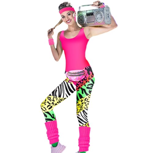 moonyan 80er-Jahre-Workout-Bekleidungsset,Damen-80er-Workout-Kostüm,80er Jahre Partykostüme für Damen | Mit Beinstulpen, Ohrringen, Gürteltasche und Stirnband. Performance-Kostüme von moonyan