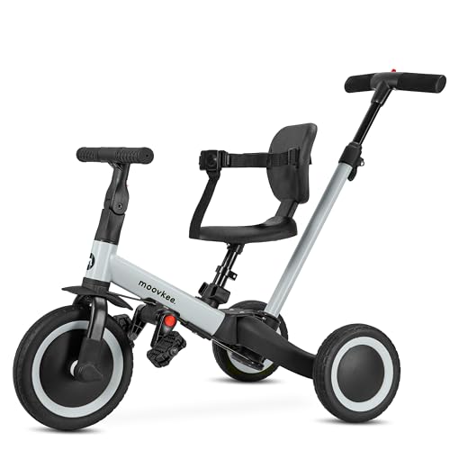 Dreirad ab 1 Jahr mit Schubstange 6in1 - Grau Laufrad - Dreirad mit Schubstange - Baby Fahrrad ab 1 Jahr - Fahrrad Kinder - Laufräder - Sicherheit Lauflernrad für Ihr Kind Dank 3-Punkt-Gurt von moovkee.