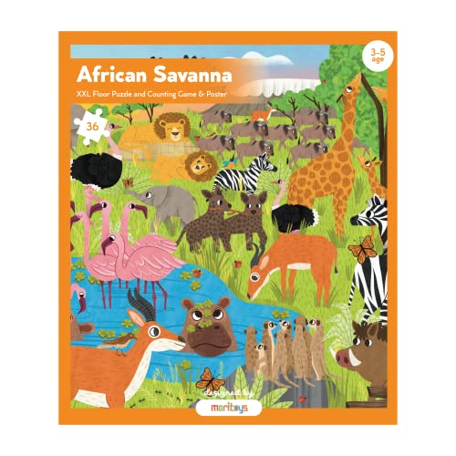 African Savanna: 36 Teile XXL Riesenpuzzle Beobachtung und Zählspiel & Poster von moritoys
