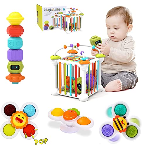 Morkka Montessori Spielzeug für Jungen Mädchen,Baby Sensory Bin Shape Sorter Toys Bunter Würfel,mit 3 Saugnapf-Kreiselspielzeug und Perlenlabyrinth,Lernspielzeug für Kleinkinder im Alter von1-3（12pcs） von morkka