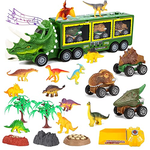 morkka Autotransporter Dinosaurier LKW Spielzeug mit Licht und Musik，einschließen 3Auto Zurückziehen，15 Kleine Dinosaurier Figuren Dino Ei STEM Geschenke Geeignet für Kinder 3+ von morkka