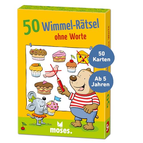 moses 30258 50 Wimmel-Rätsel ohne Worte, Kartenset mit lustigen Wimmelbildrätseln, Suchbilder ohne Text, Einschulung oder zum Kindergeburtstag, für Kinder ab 5 Jahren, Black von moses